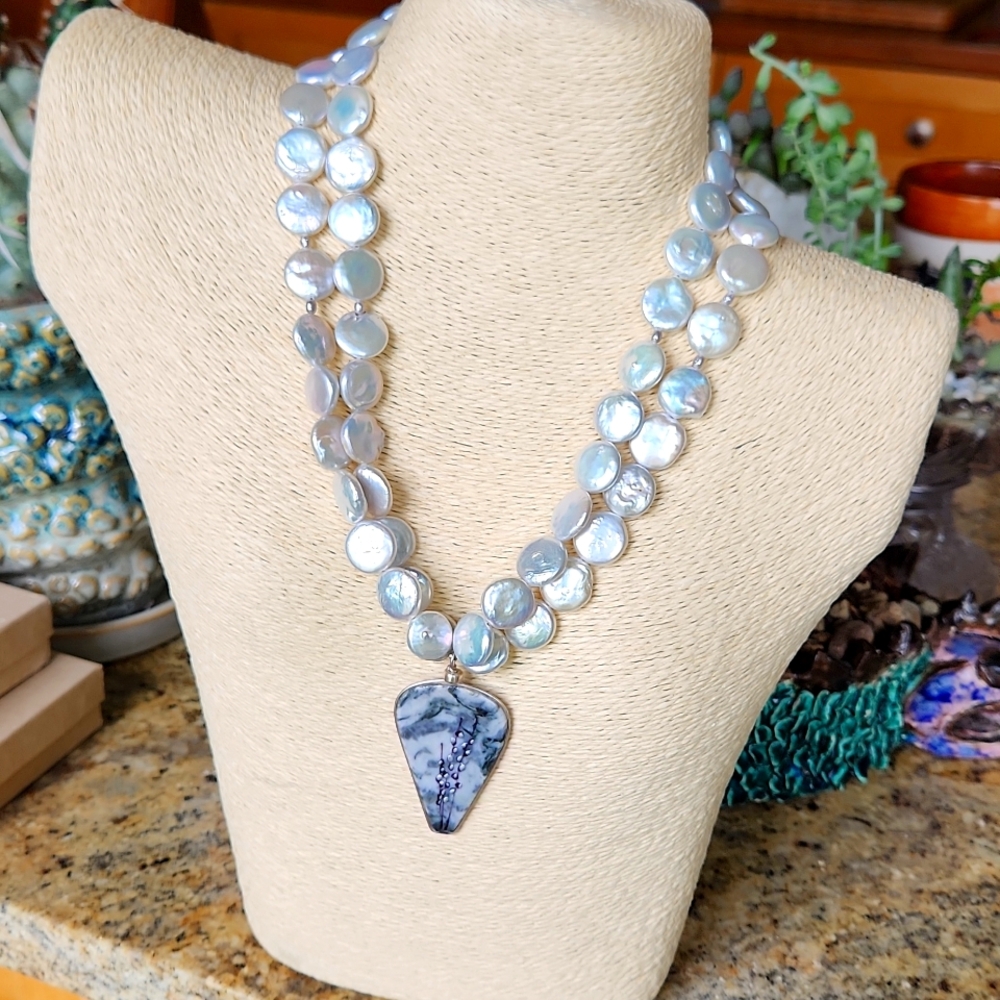 Coin pearl necklace with pendant created by" Wendy Stanwick"